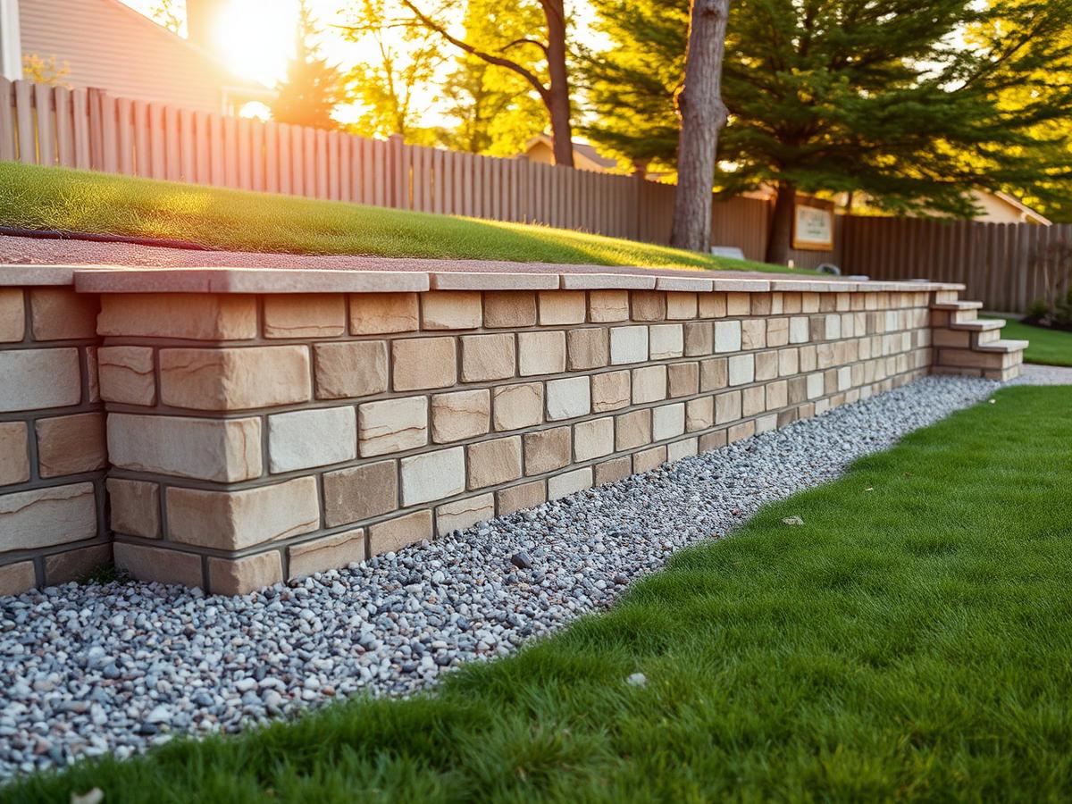 Newly built stone block retaining wall in a backyard