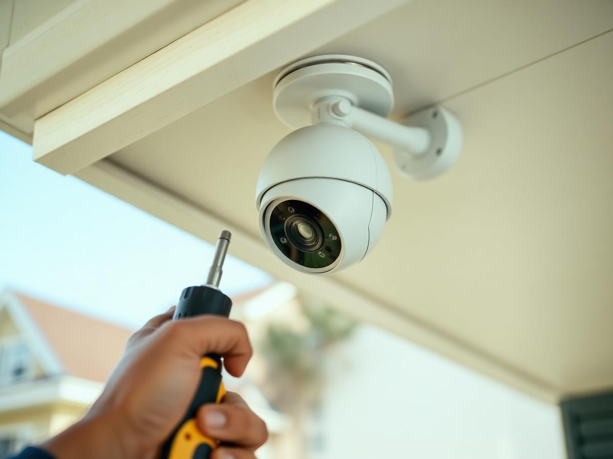 Outdoor security camera being mounted under a house eave